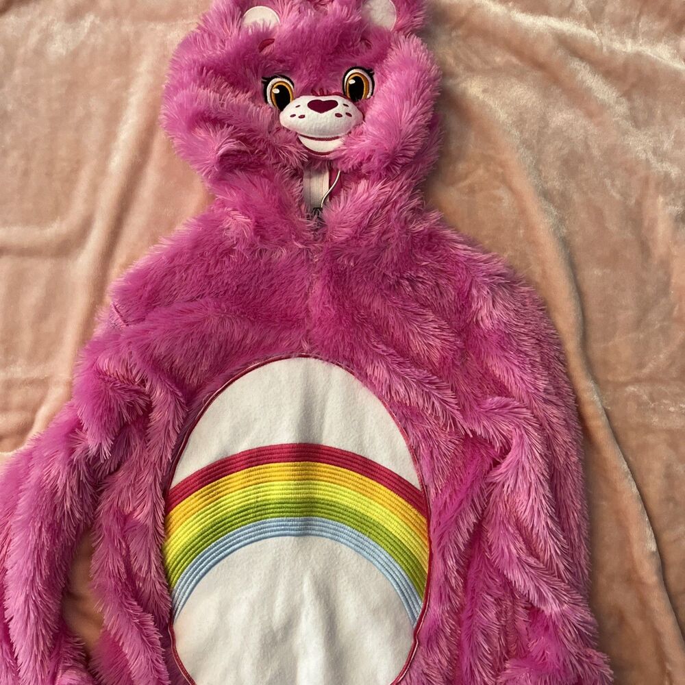 Kids Pink Cheer Care Bear Halloween Costume Hooded Jumpsuit Faux Fur Jumpsuit Sm